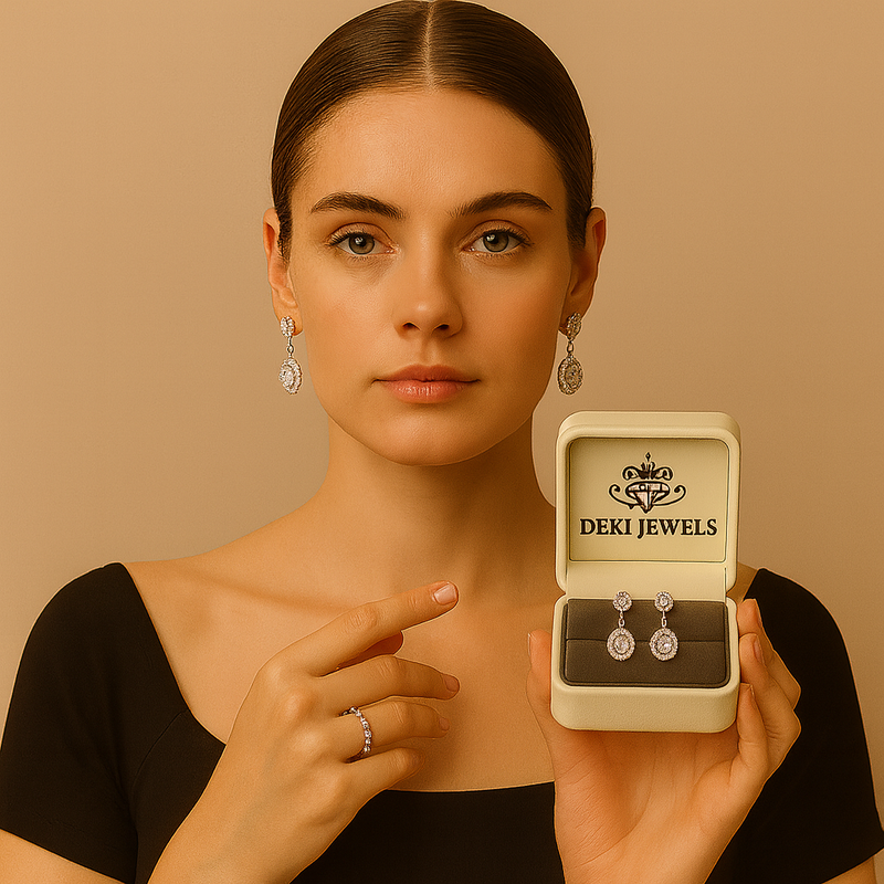 Woman holding a box of DEKI JEWELS earrings against a beige background