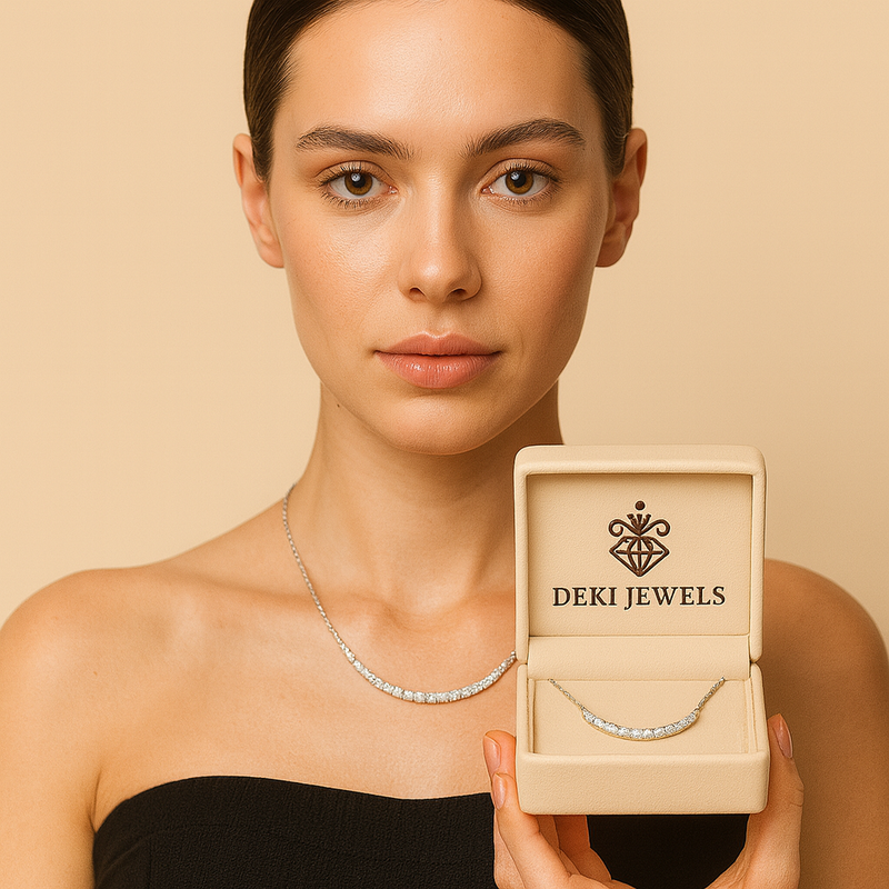 Woman wearing a necklace with an open jewelry box displaying another necklace, both branded 'DEKI JEWELS'.